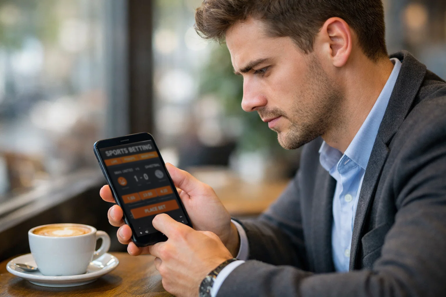 Personne consultant l'application 888sport sur smartphone avec interface orange et noire