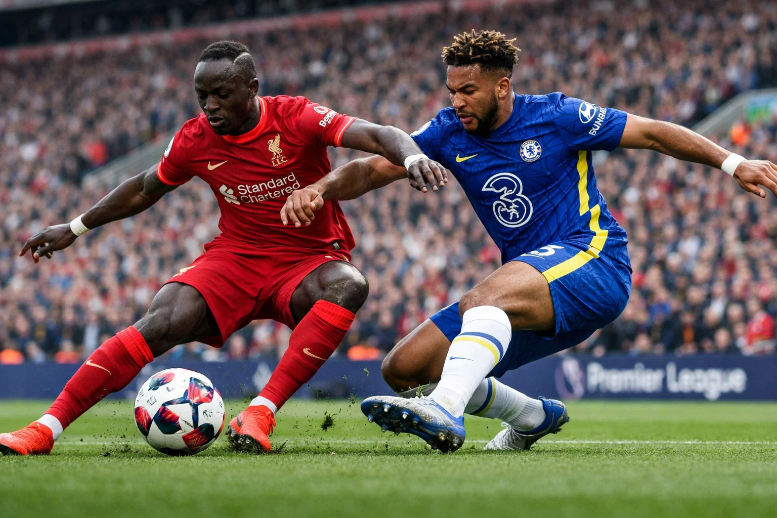 Match de football anglais avec joueurs en action sur pelouse verte