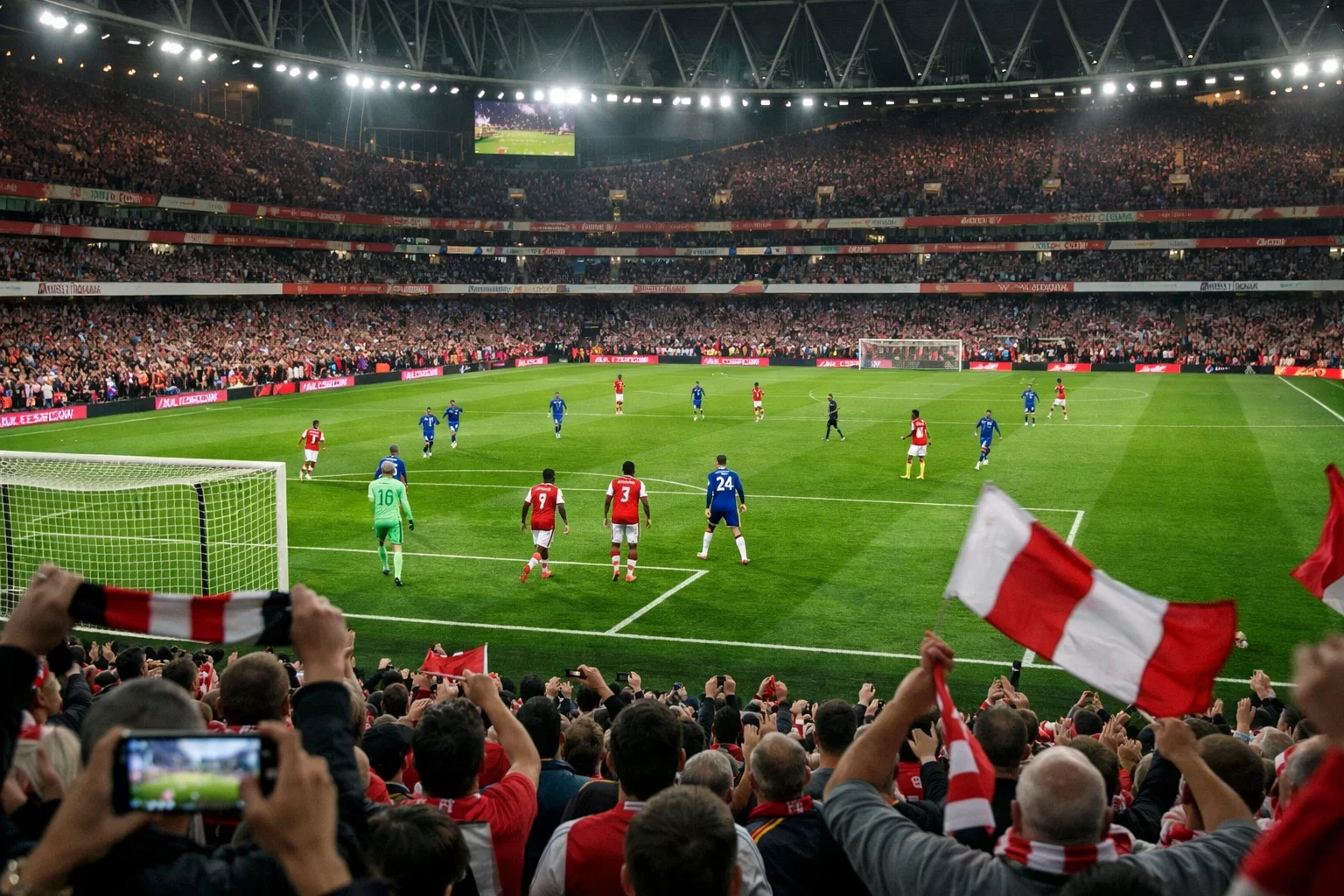 Stade de football anglais rempli de supporters lors d'un match de Premier League