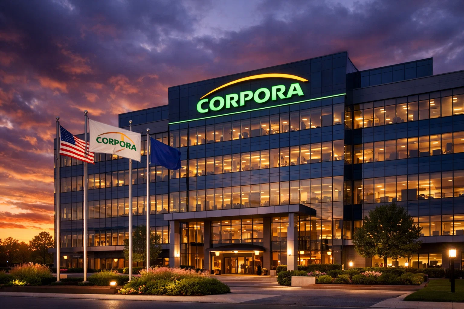 Siège social de Bet365 à Stoke-on-Trent avec logo lumineux au crépuscule