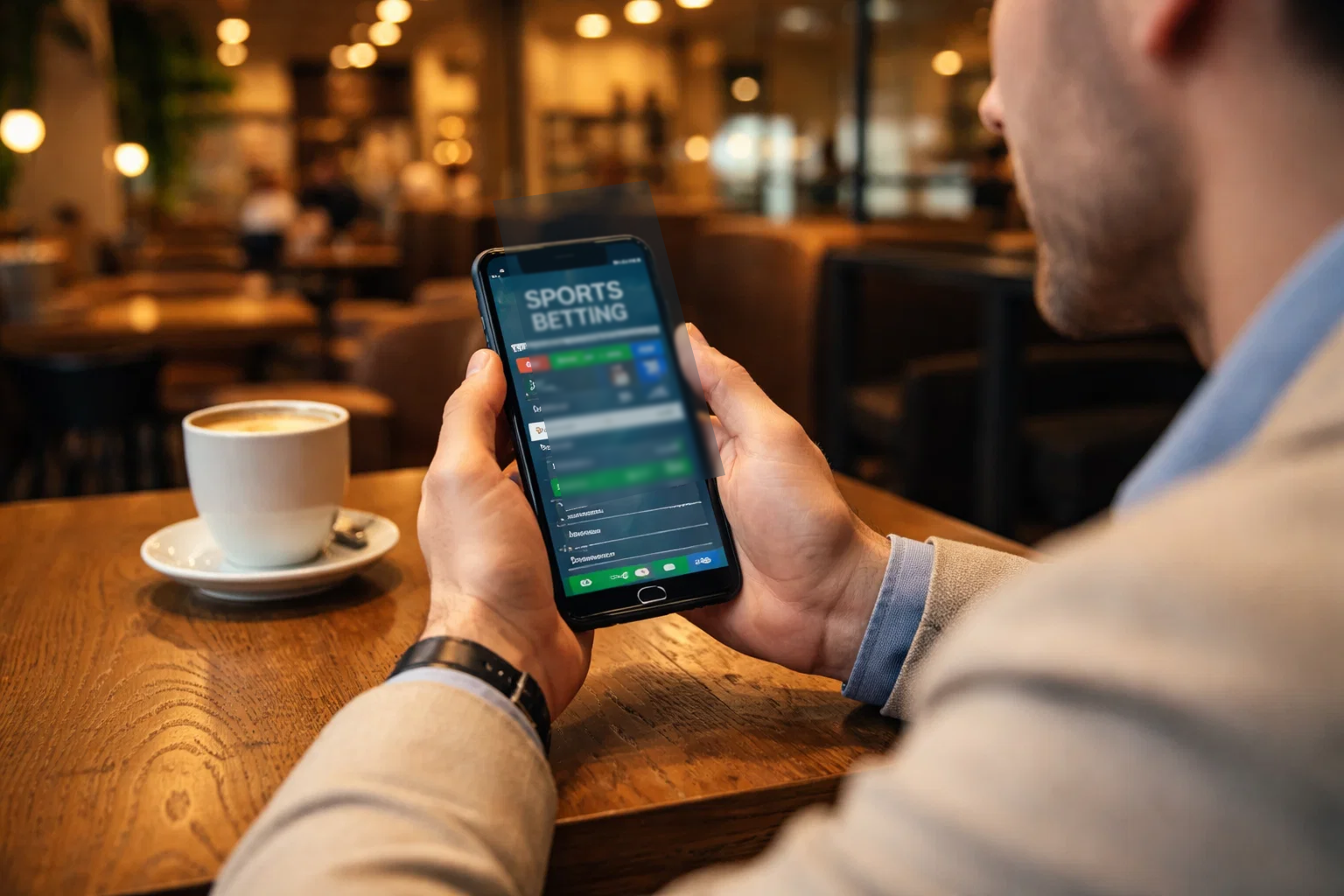 Personne utilisant l'application Bet365 sur smartphone dans un café