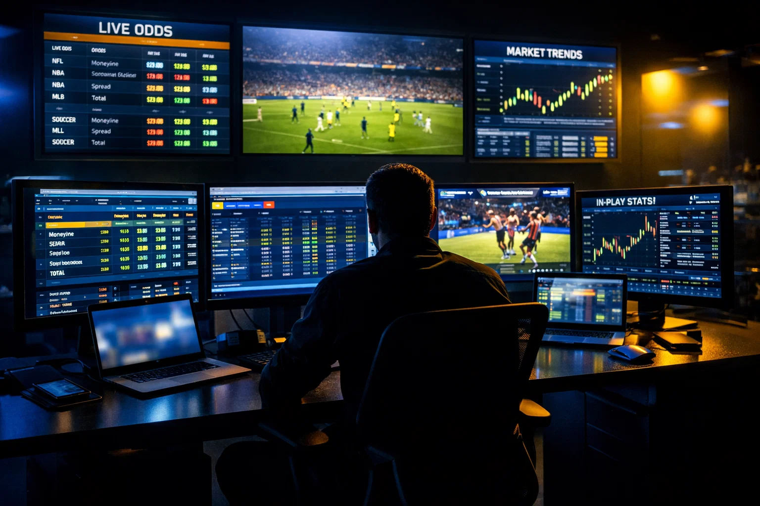 Salle de trading sportif avec écrans multiples affichant des cotes en temps réel