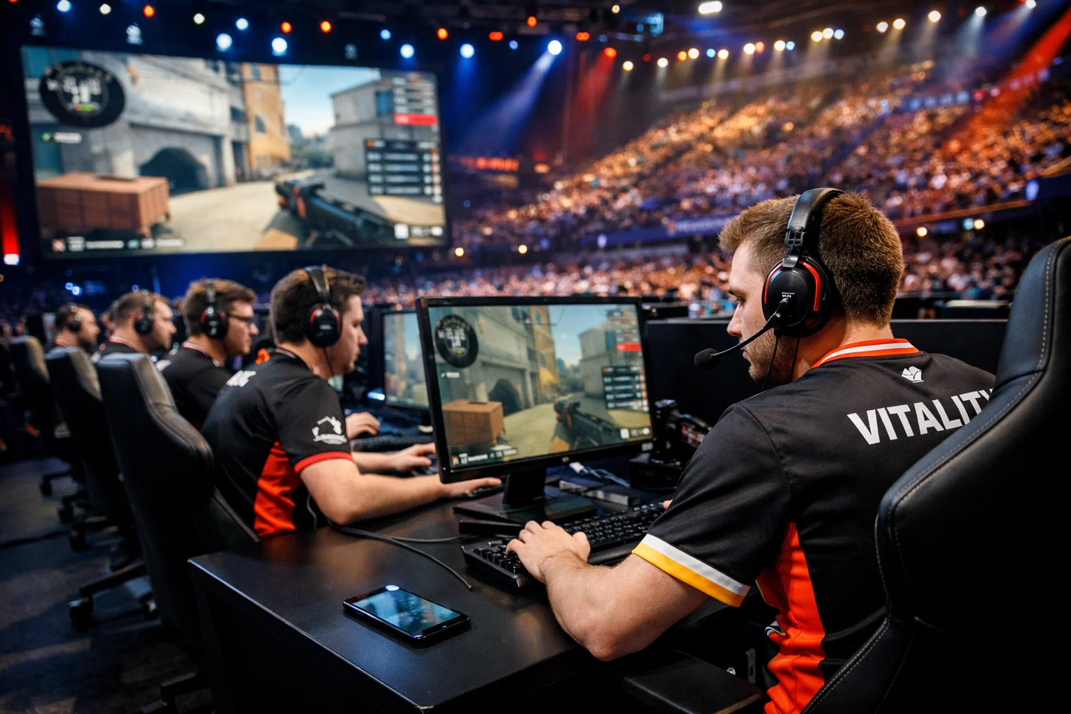 Joueurs professionnels d'eSport en compétition sur scène avec public et écrans