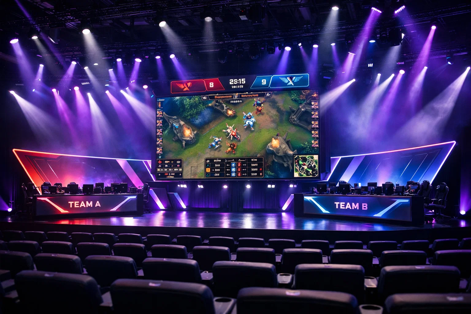 Arène eSport moderne avec écrans géants et éclairage spectaculaire