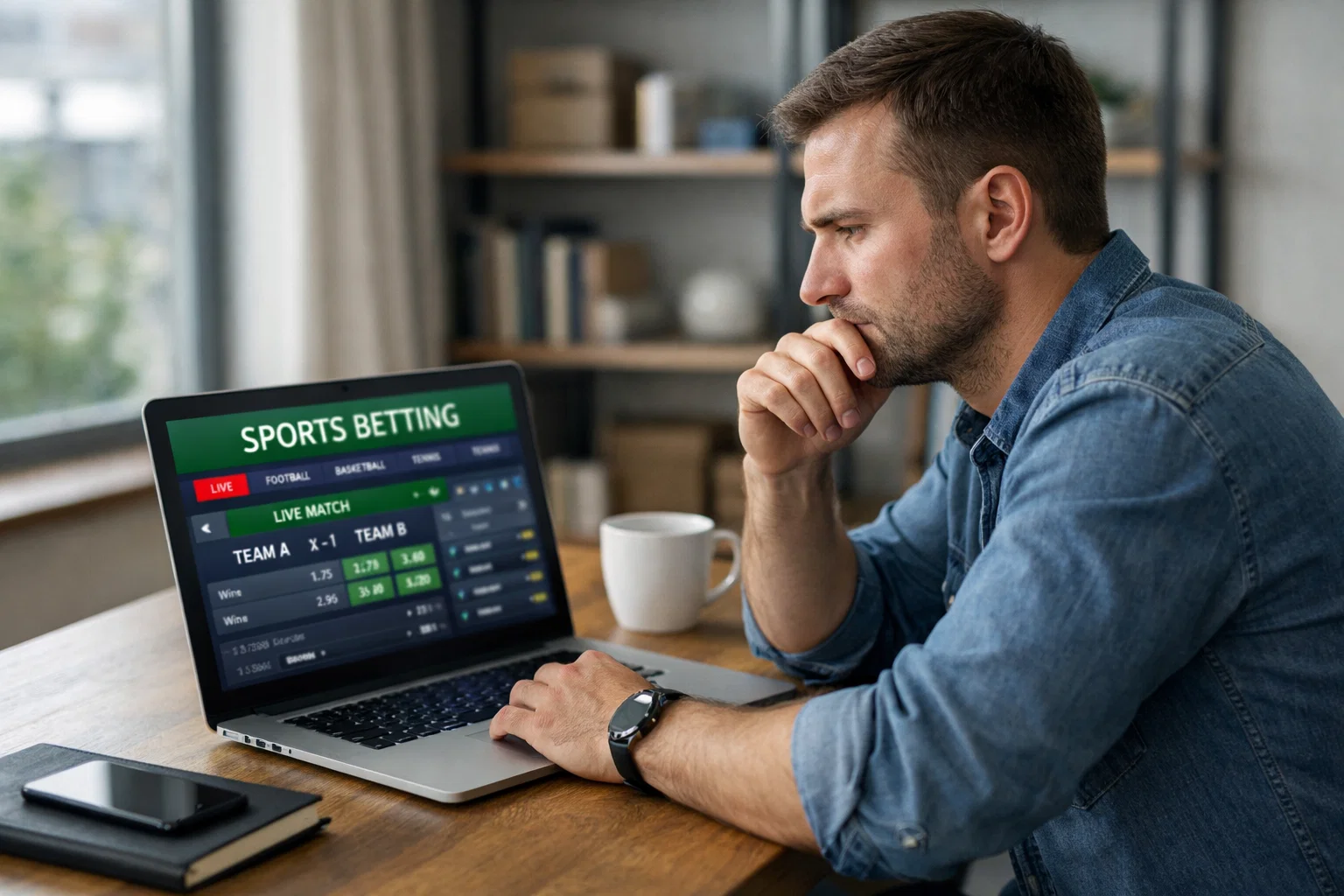 Parieur réfléchissant devant son écran avec des graphiques de décision