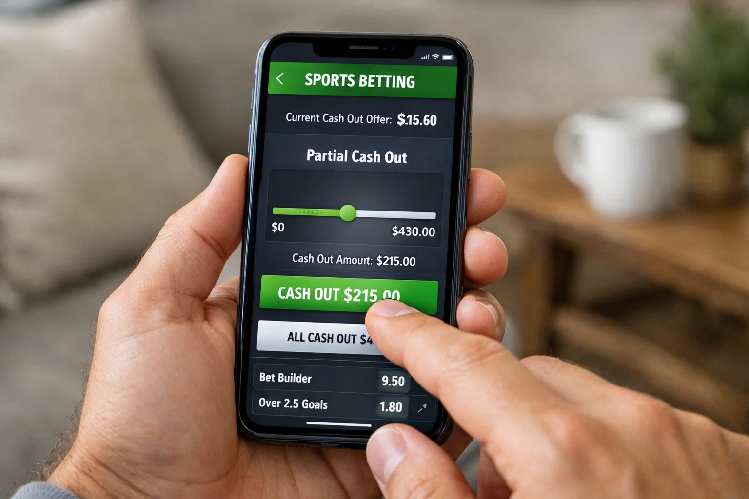 Écran de smartphone montrant les options de Cash Out partiel et complet
