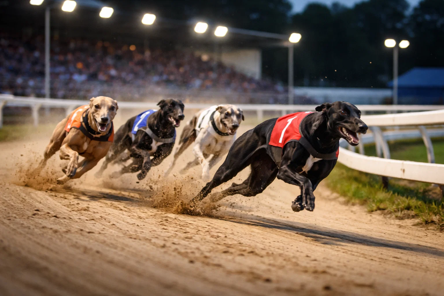 Course de lévriers sur un cynodrome britannique avec chiens en pleine vitesse