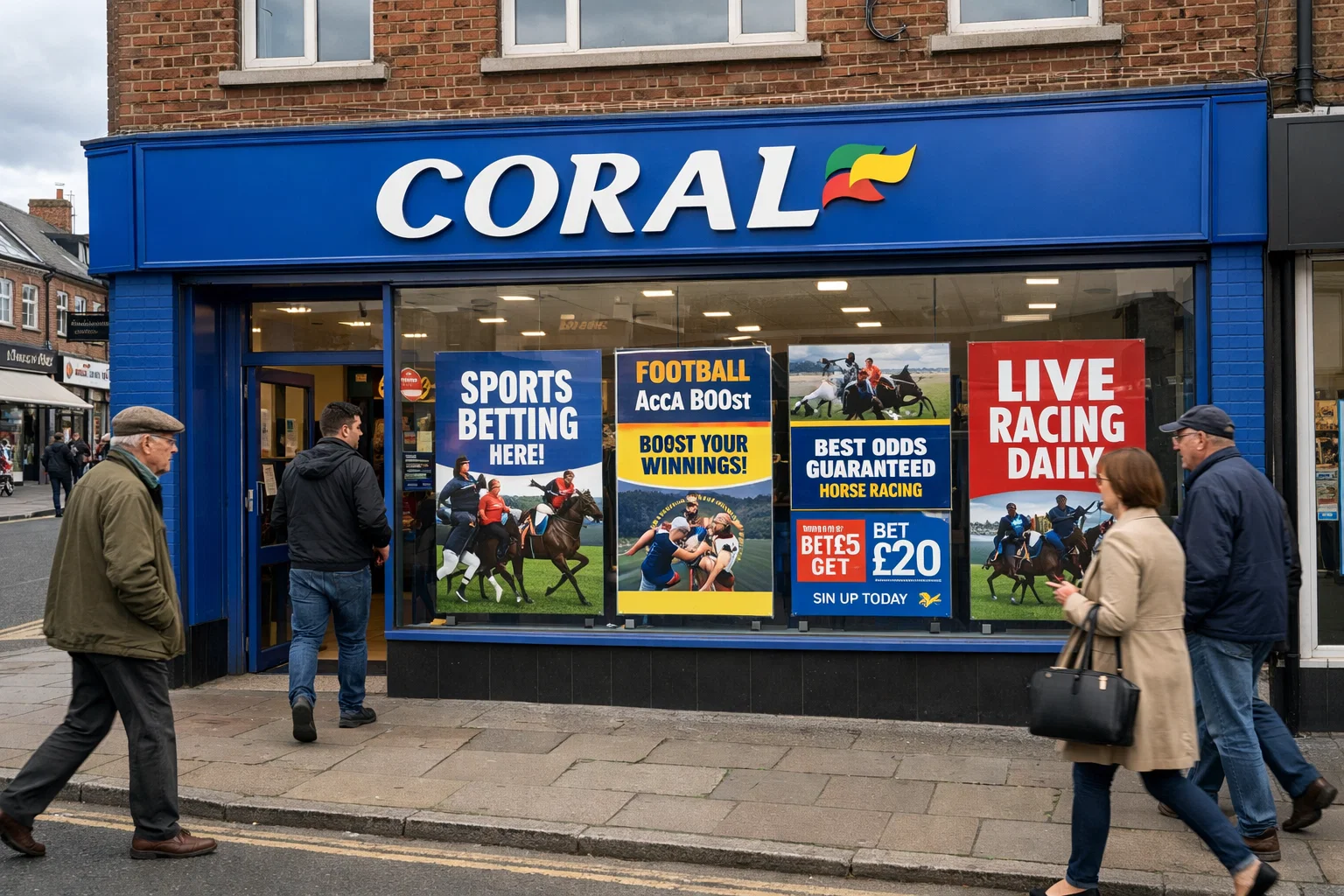 Devanture traditionnelle d'un betting shop Coral sur une rue britannique animée