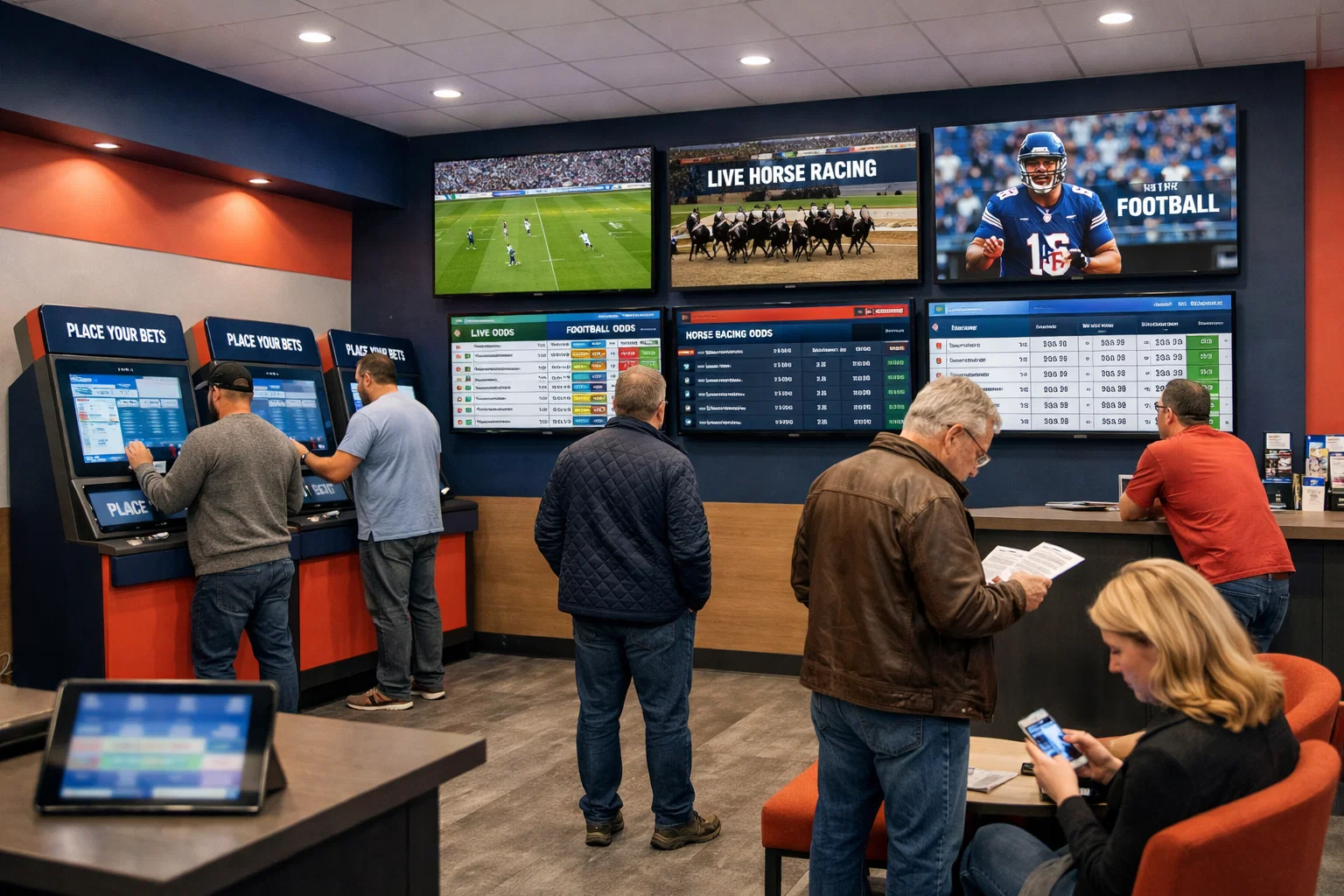 Intérieur lumineux d'un betting shop Coral moderne avec écrans et terminaux de paris