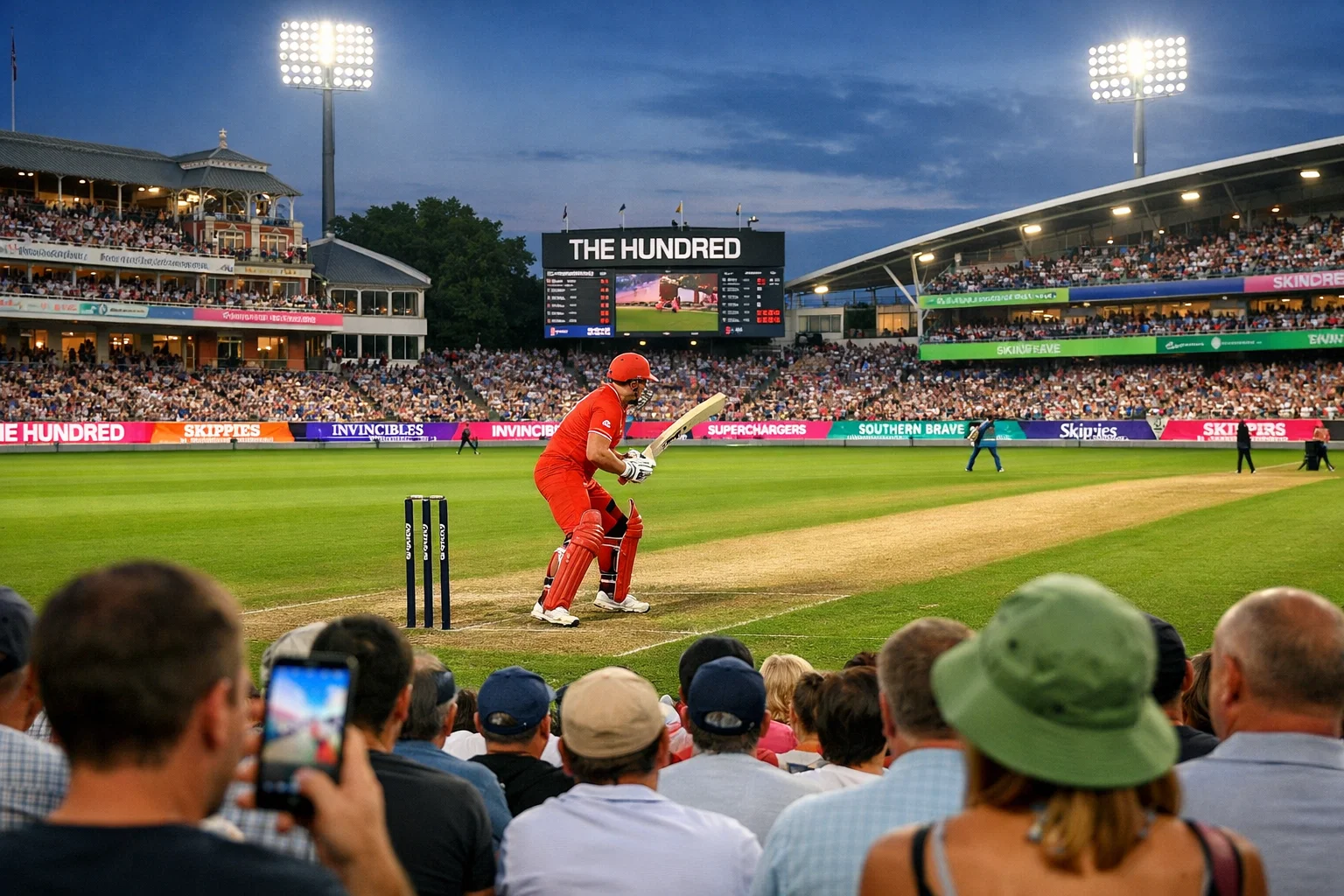 Match de cricket format The Hundred dans un stade britannique moderne