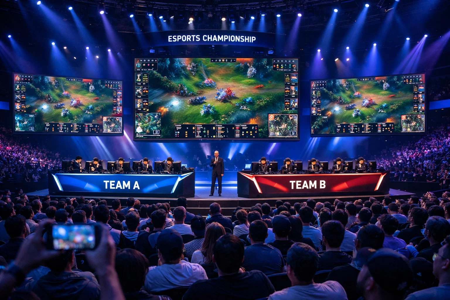 Arène eSport moderne avec joueurs professionnels en compétition sur scène