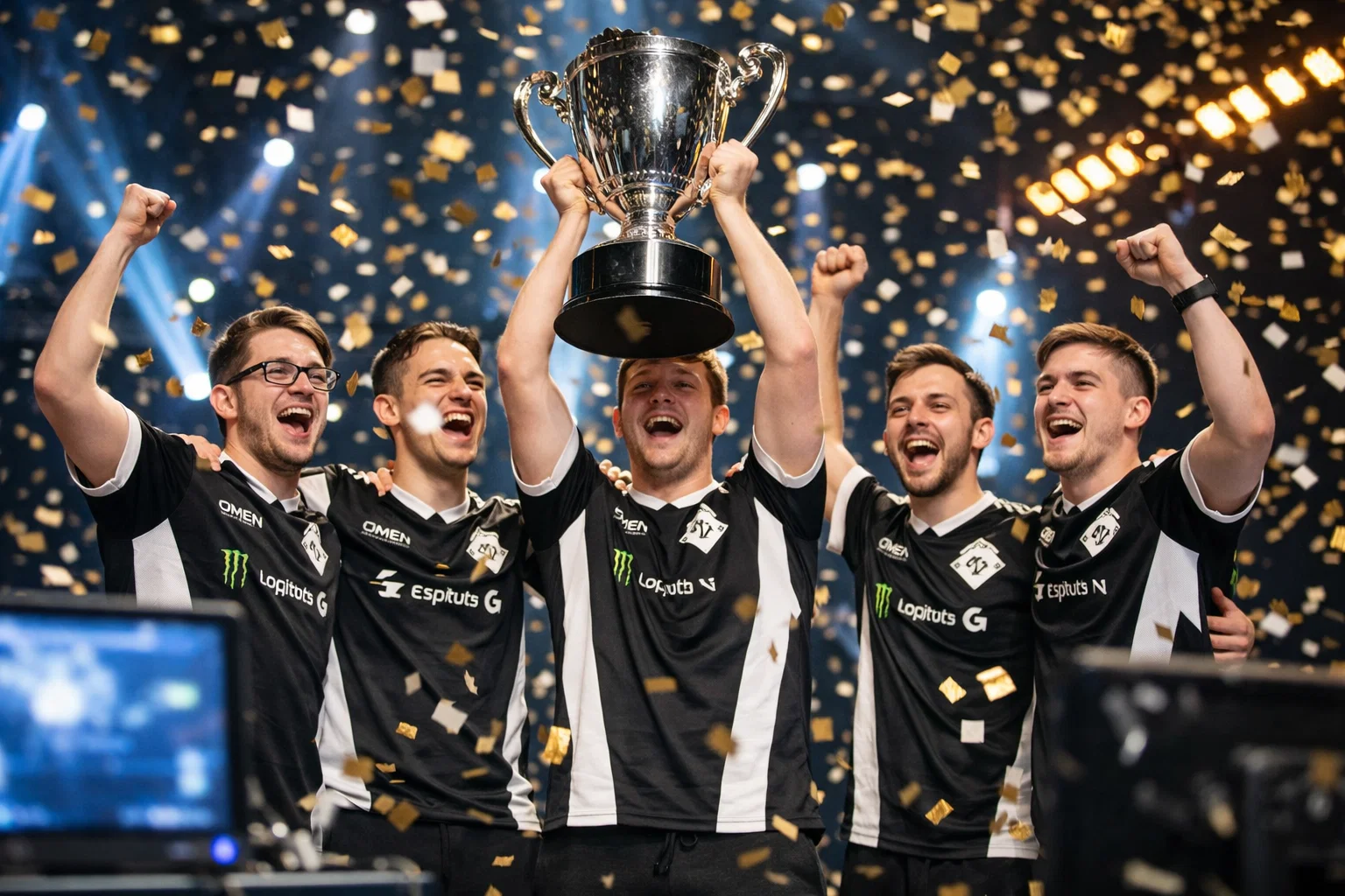 Équipe professionnelle de CS2 célébrant une victoire sur scène