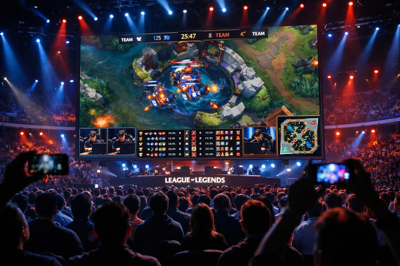 Écran géant affichant une partie de League of Legends lors d'un événement majeur
