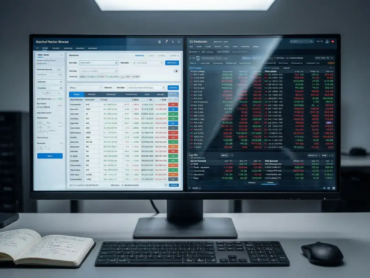 Computer screen showing a matched betting calculator alongside bookmaker and exchange odds in a split-screen view