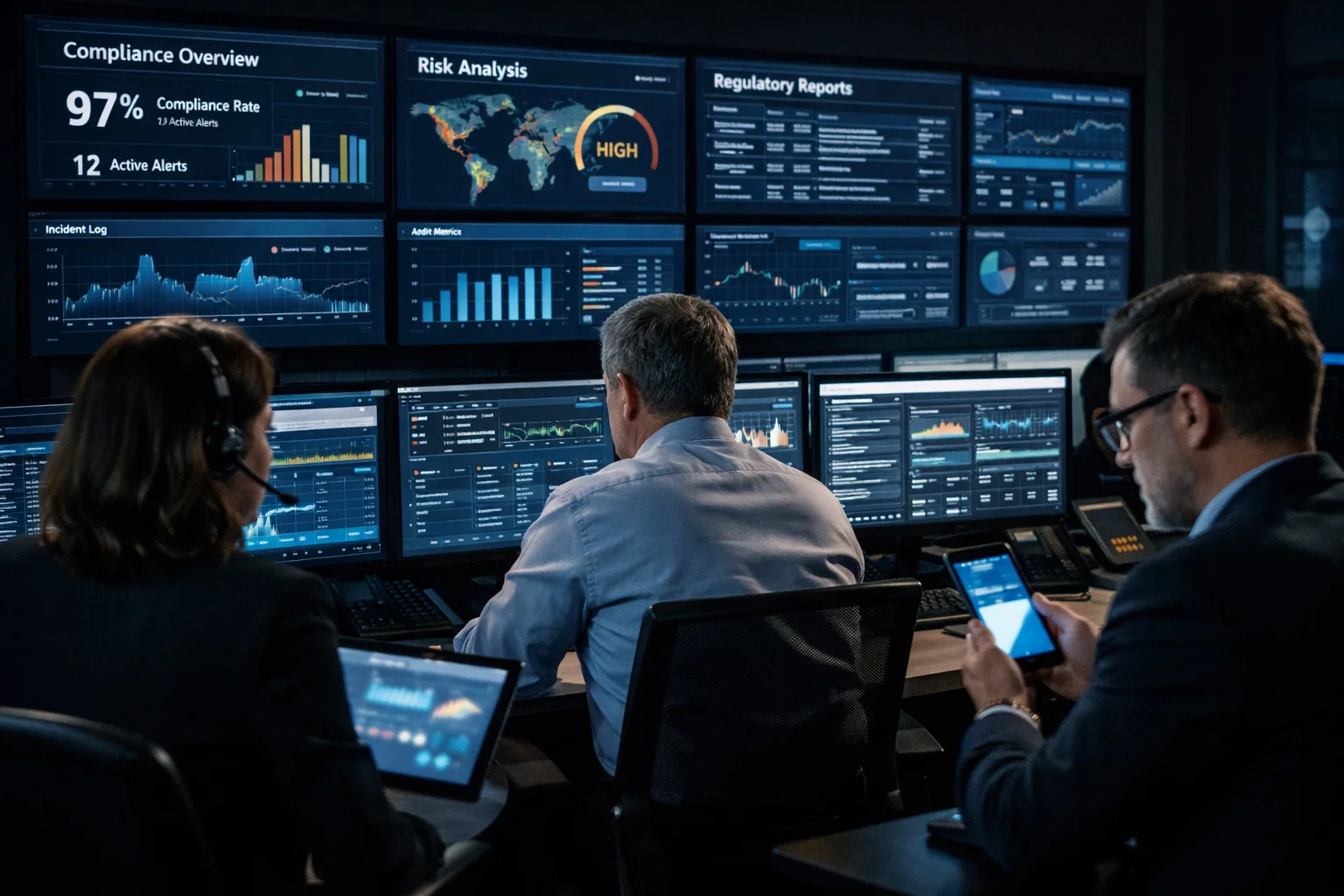 Salle de contrôle avec écrans de surveillance et professionnels analysant des données