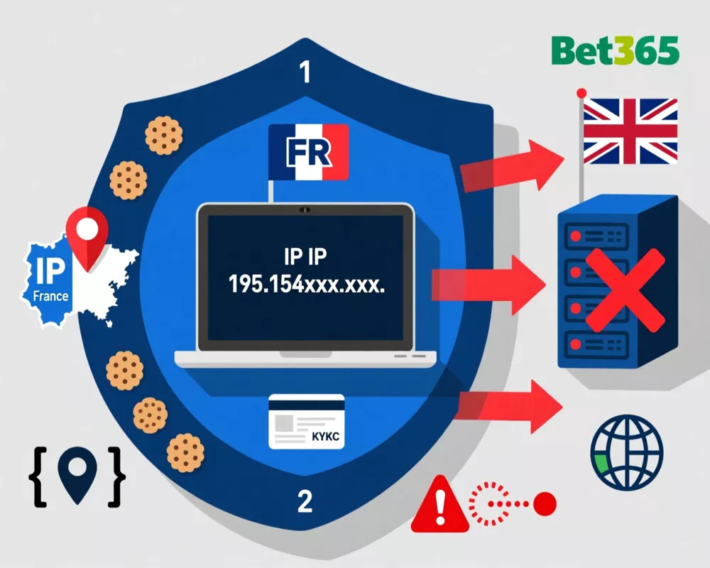 Schéma technique du géo-blocage des bookmakers - détection IP, cookies, KYC