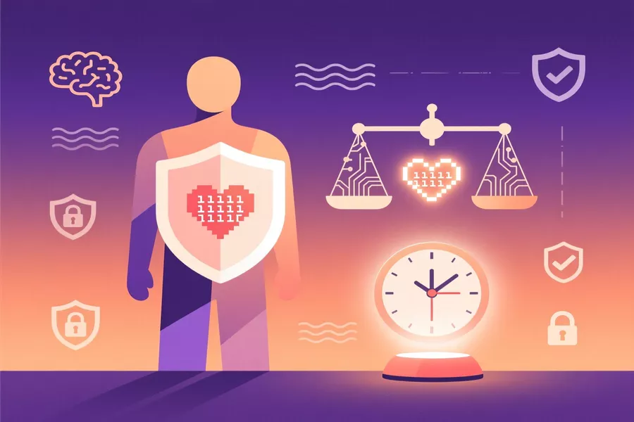 Illustration bienveillante du jeu responsable avec symboles de protection, équilibre et soutien