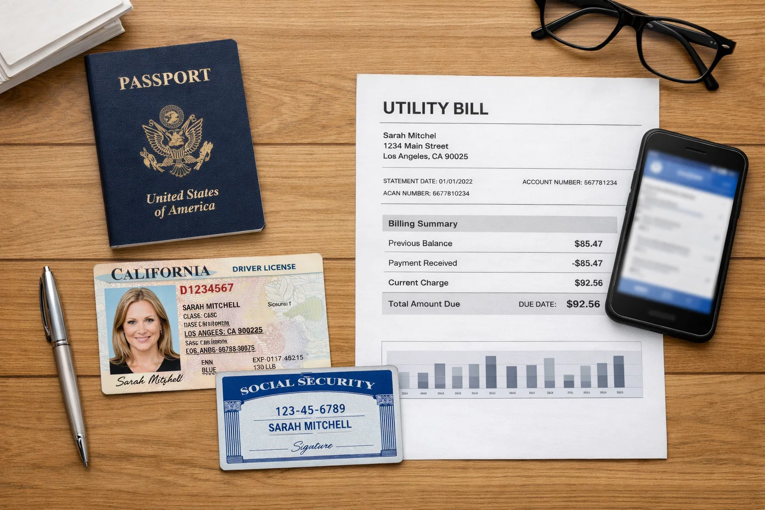 Documents d'identité et passeport sur un bureau symbolisant la vérification KYC