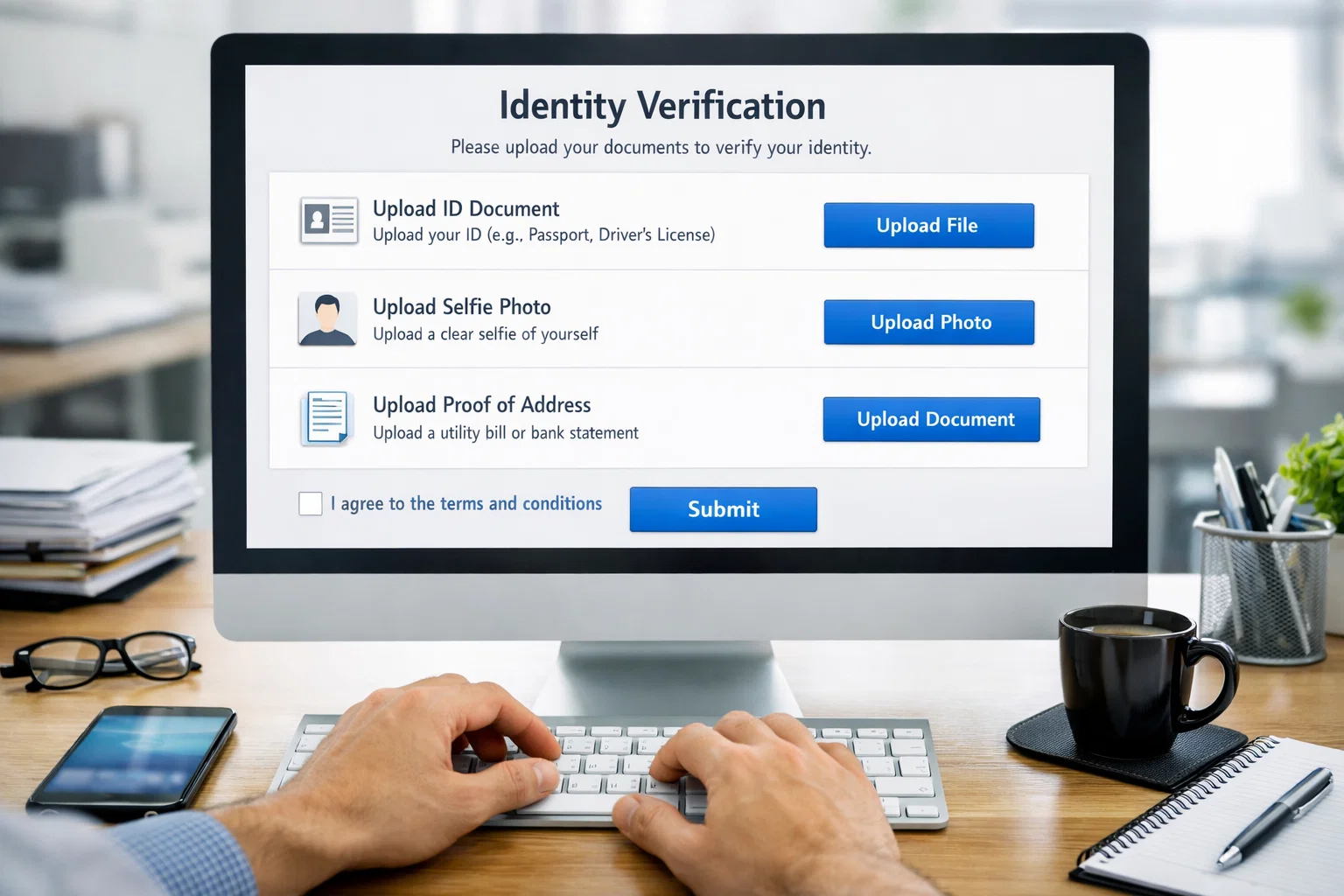 Écran d'ordinateur affichant un processus de vérification d'identité en ligne