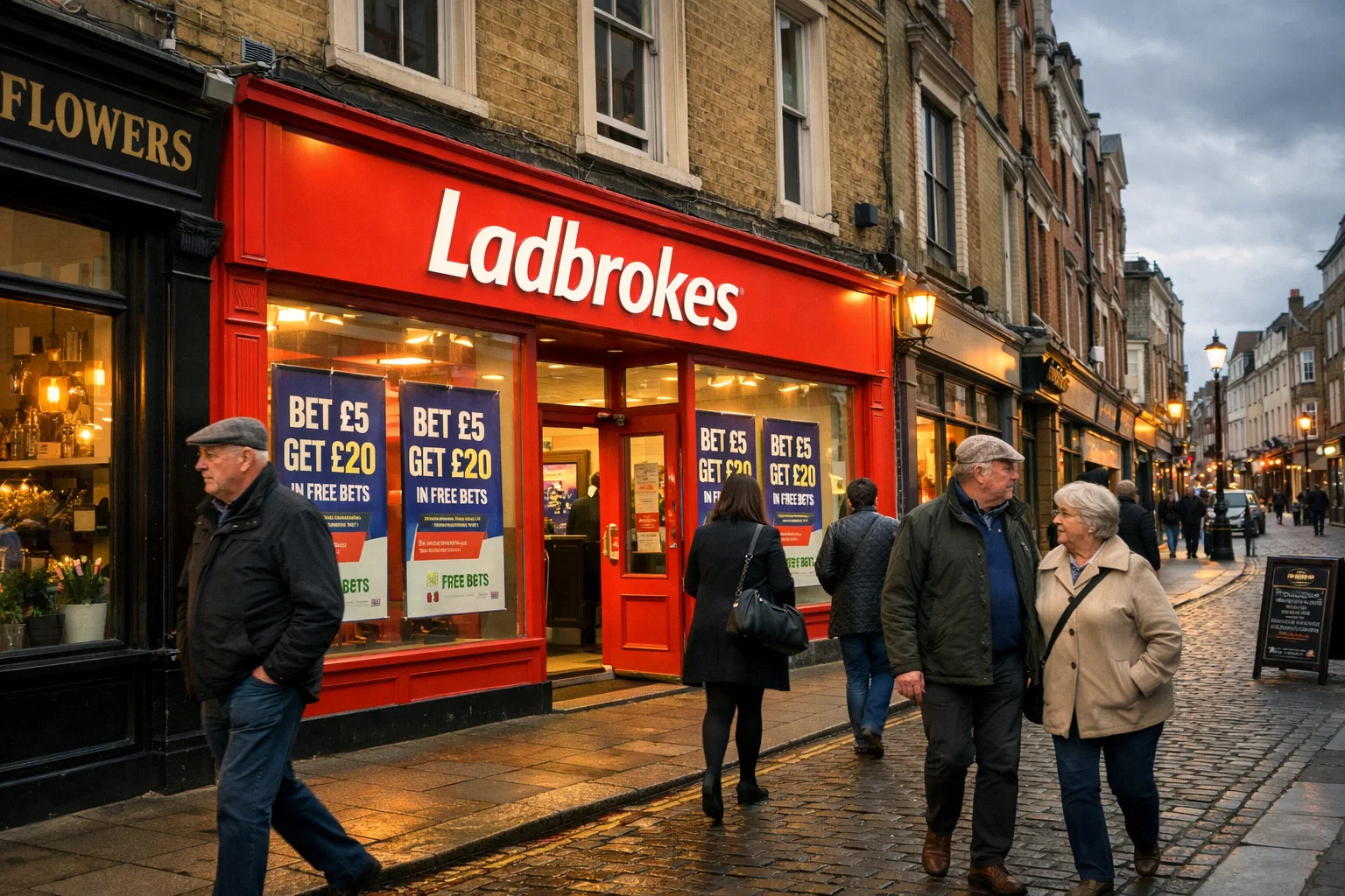 Enseigne historique Ladbrokes rouge sur une rue commerçante britannique