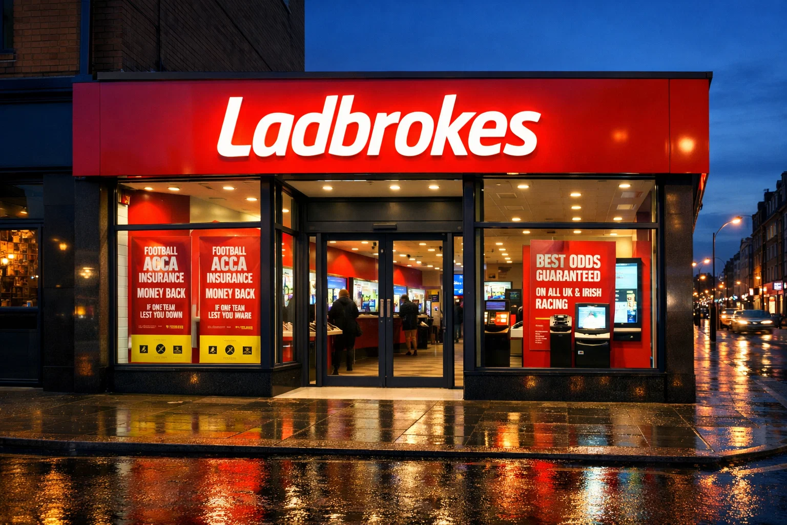 Devanture moderne d'un betting shop Ladbrokes avec enseigne rouge illuminée
