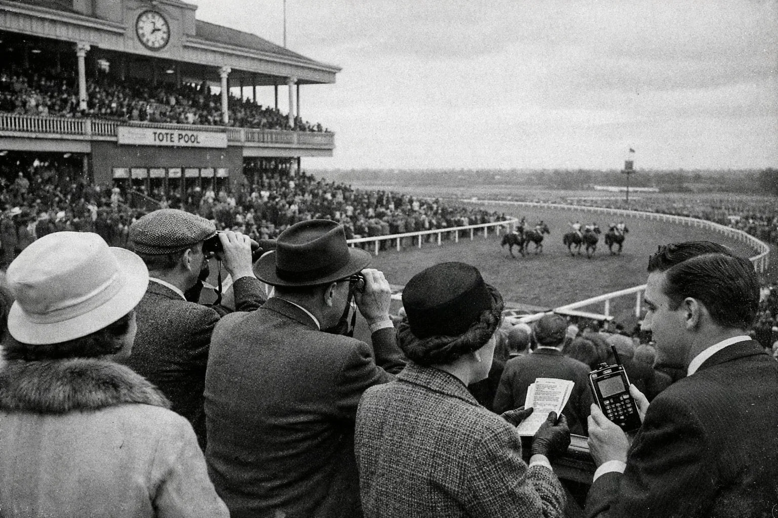 Photo d'archive en noir et blanc d'un hippodrome britannique des années 1960
