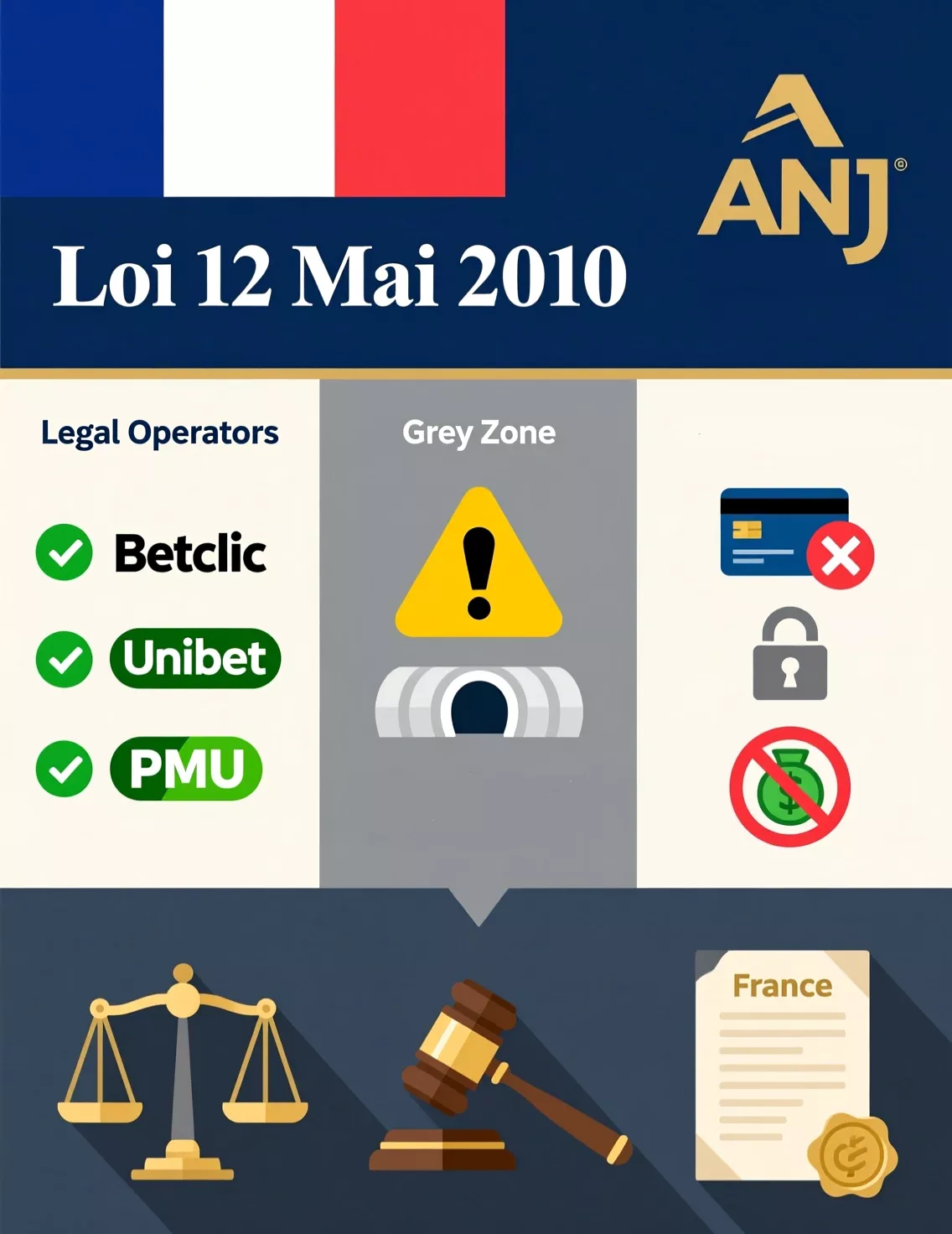 Infographie de la législation française sur les paris sportifs - Loi 2010 et ANJ