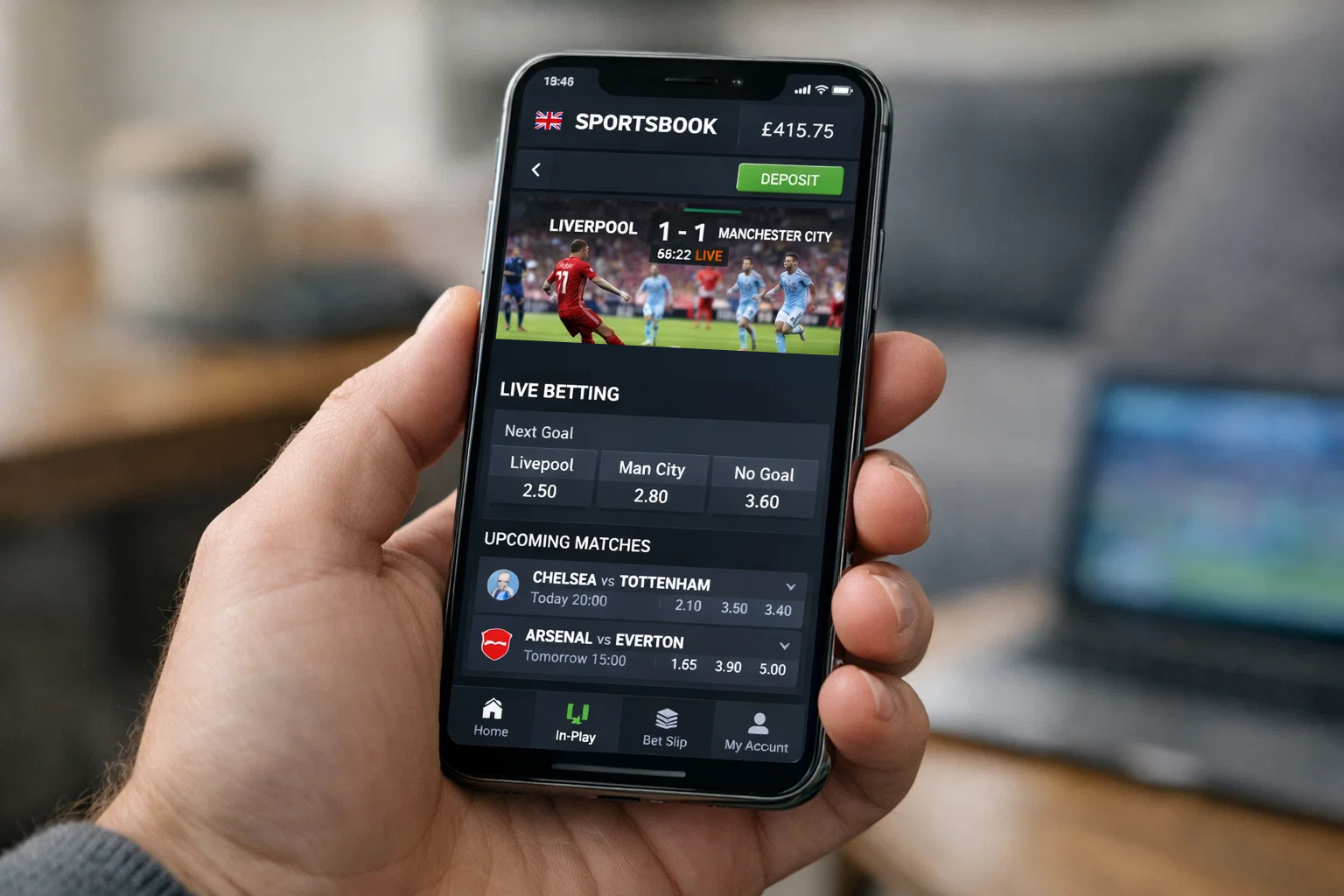 Smartphone affichant une application de paris sportifs britannique moderne