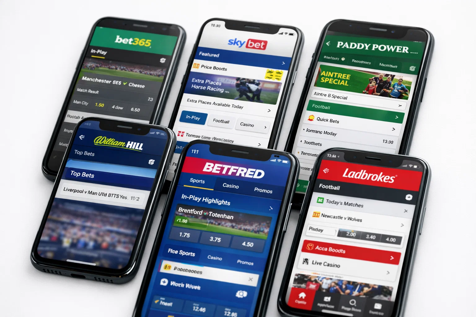 Plusieurs smartphones affichant différentes applications de bookmakers britanniques