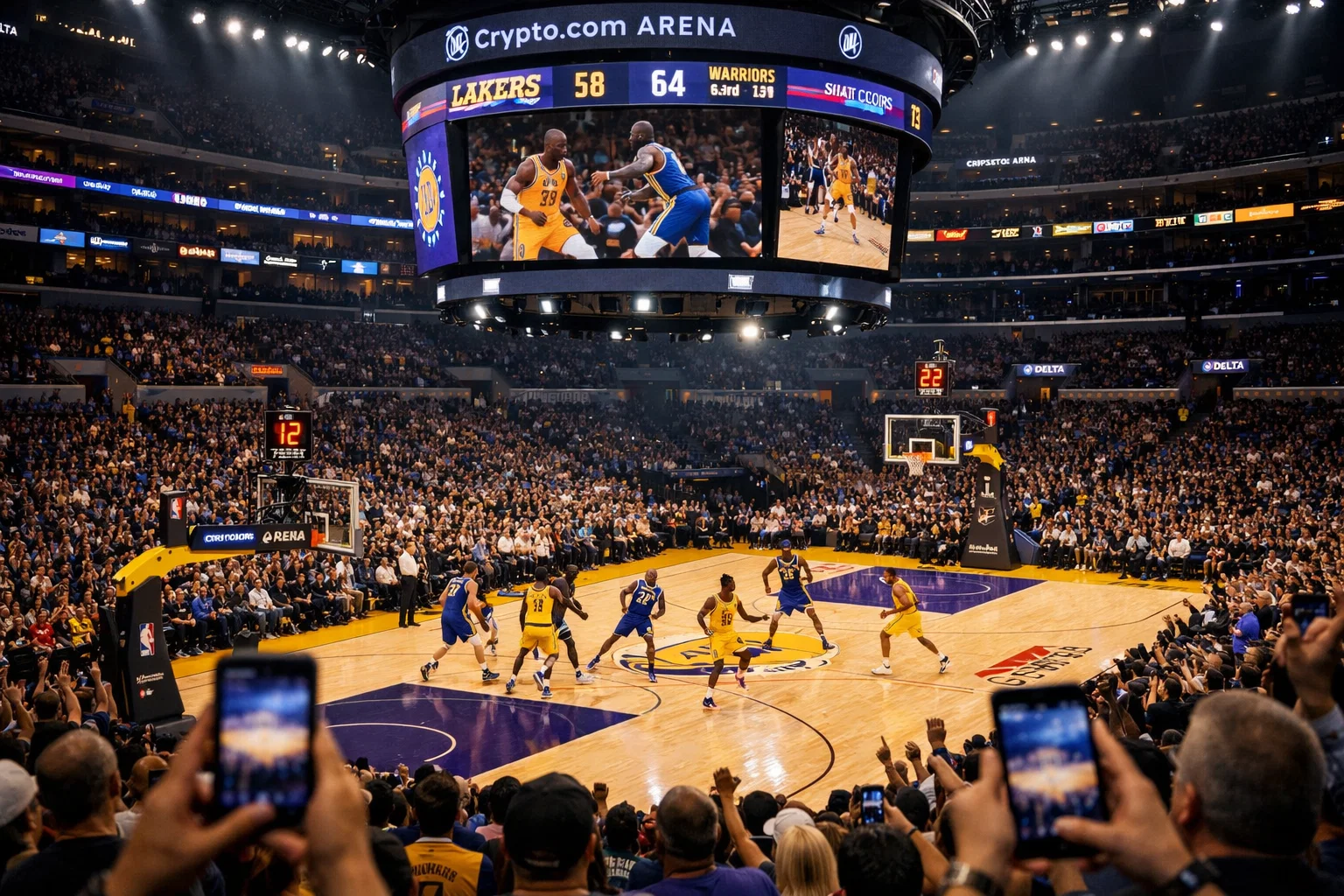 Intérieur d'une arena NBA avec terrain de basketball illuminé