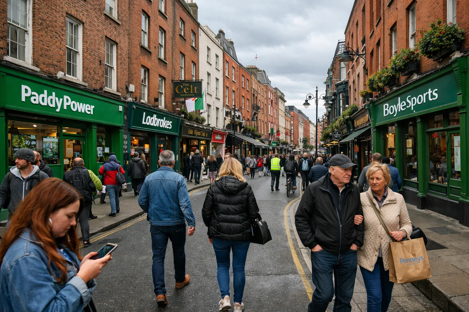 Rue animée de Dublin avec enseignes vertes de betting shops et architecture géorgienne