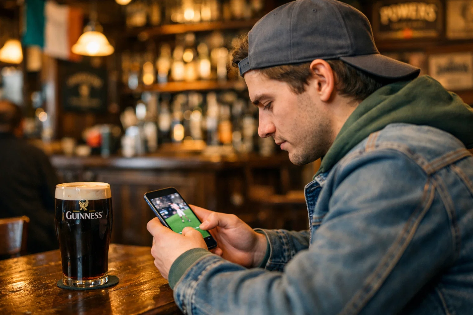 Personne utilisant une application de paris sportifs sur smartphone dans un pub irlandais