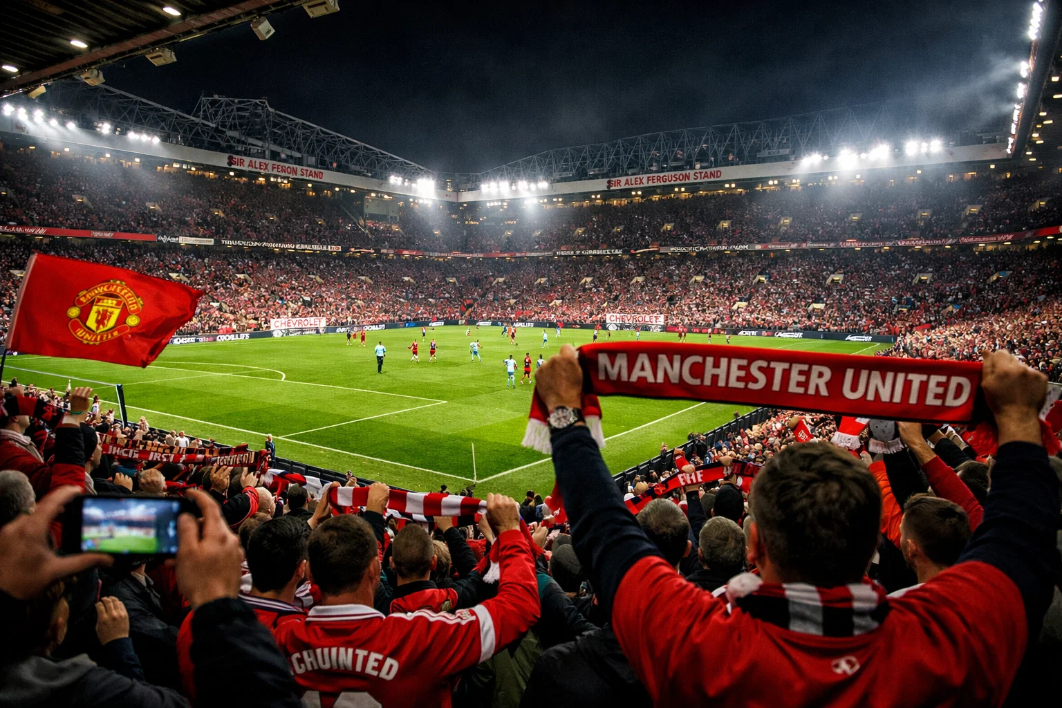 Stade de Premier League rempli de supporters avec pelouse verte impeccable