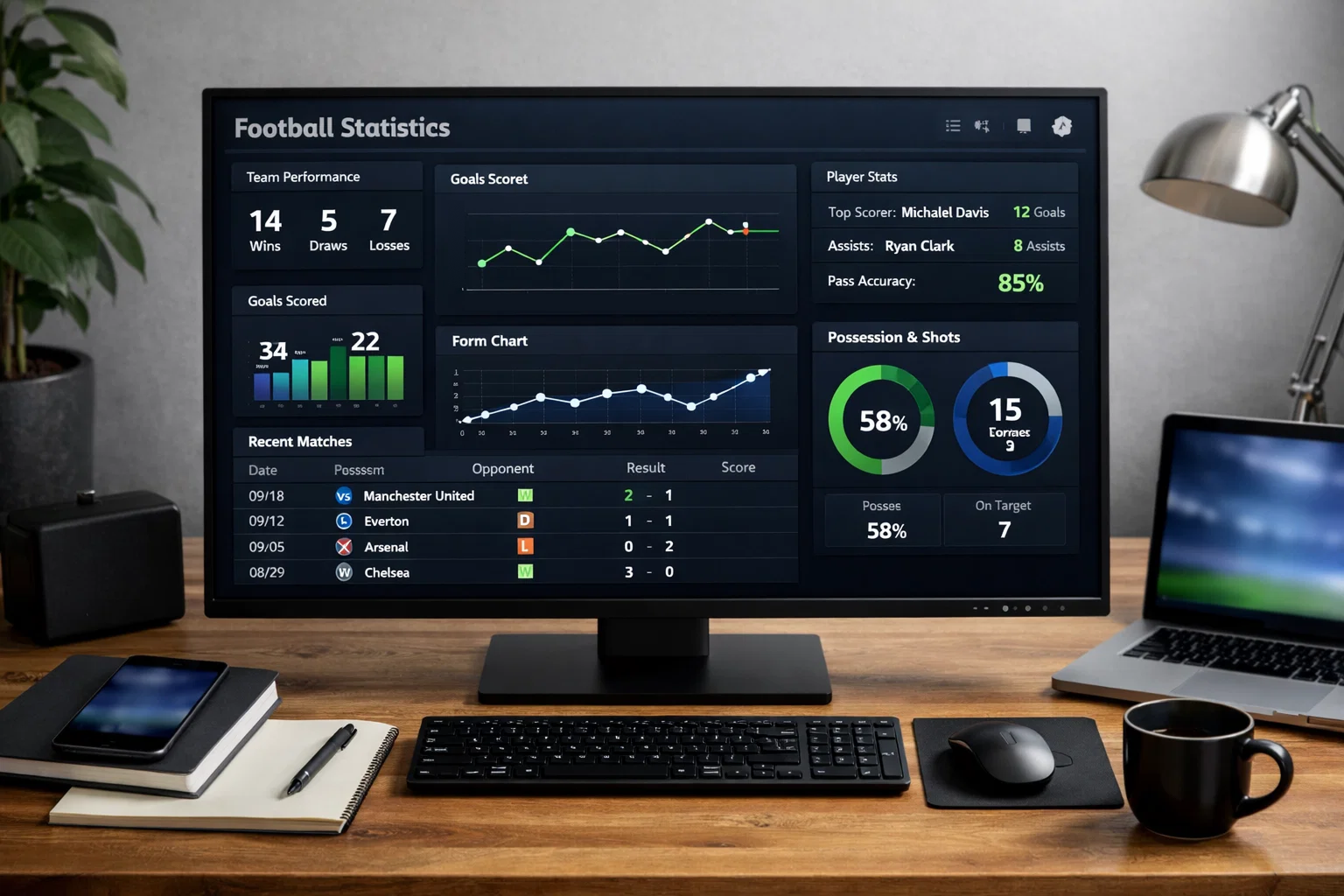 Tableau de statistiques de football avec graphiques et données de performance