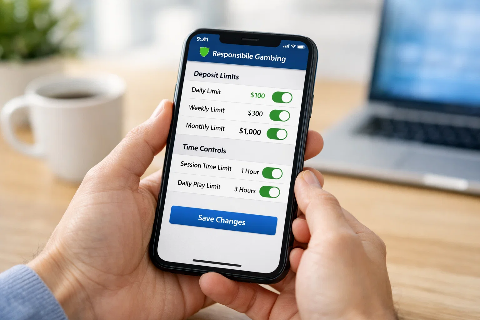 Interface d'application montrant des outils de contrôle du jeu responsable