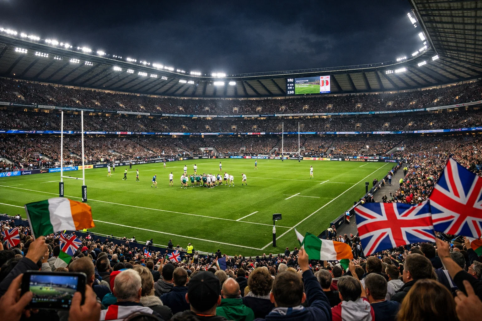 Stade de rugby britannique rempli de supporters lors d'un match international