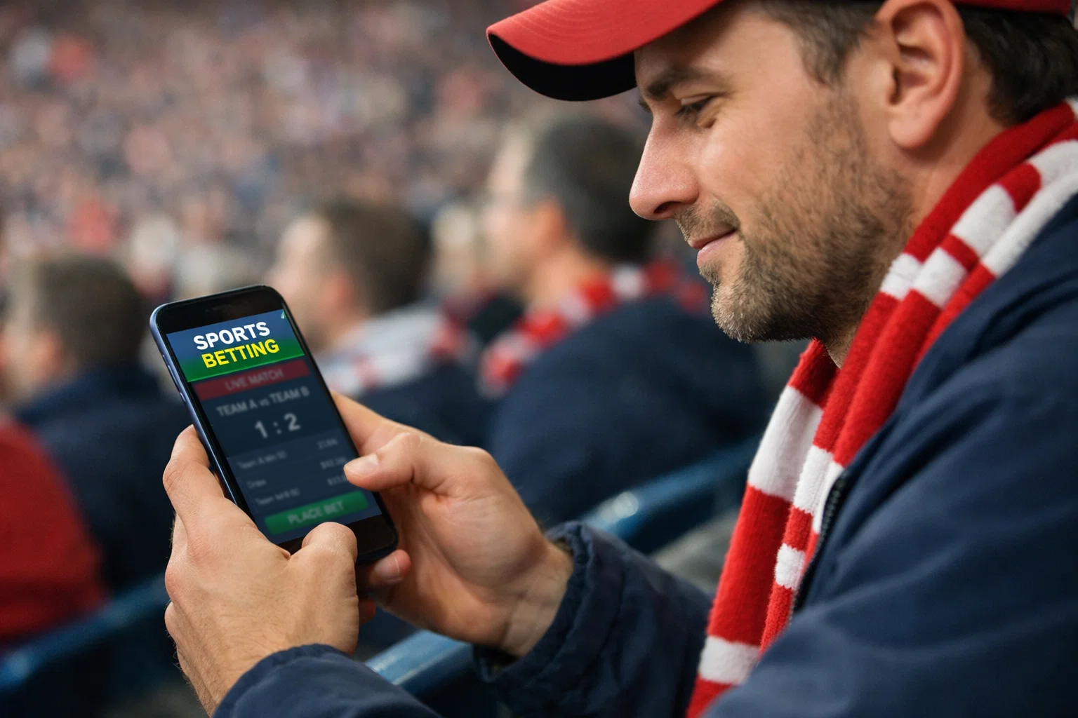 Supporter utilisant l'application Sky Bet sur smartphone dans un stade de football