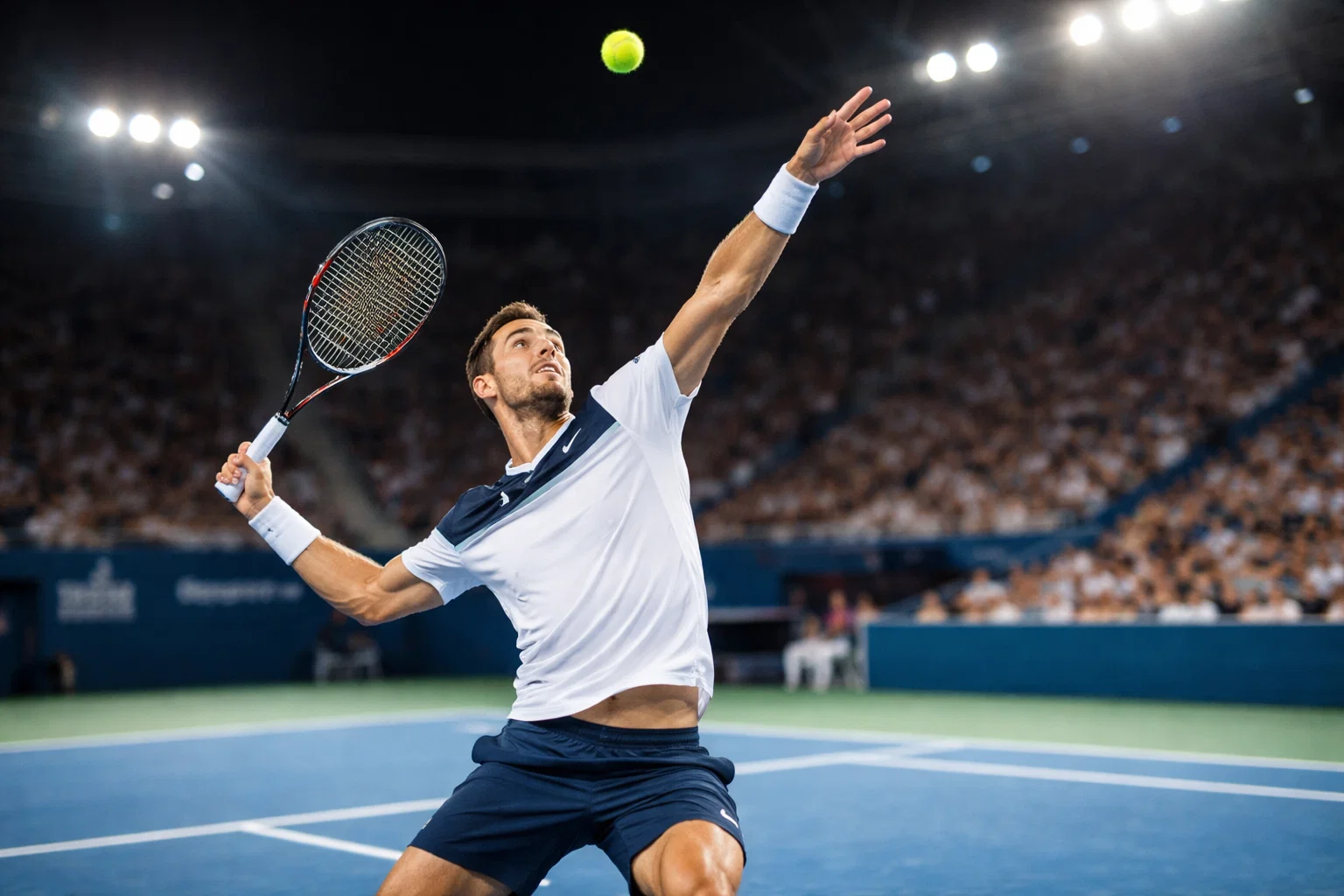 Joueur de tennis professionnel en pleine action sur court dur