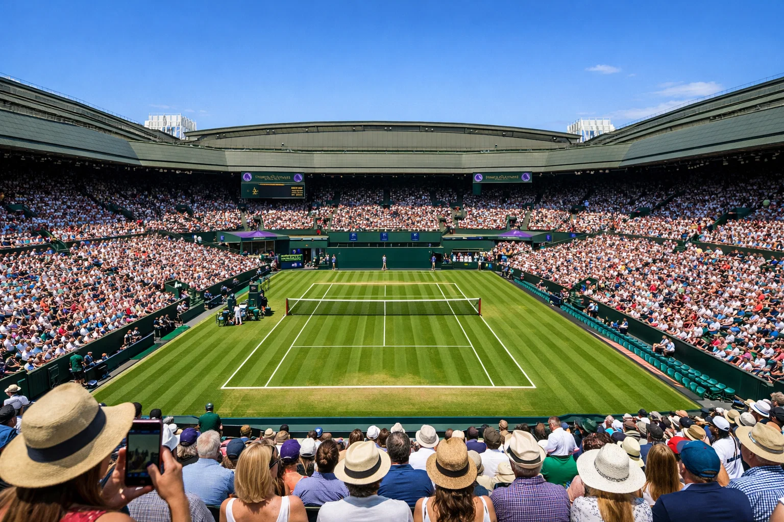 Court central de Wimbledon avec gazon impeccable et tribunes remplies