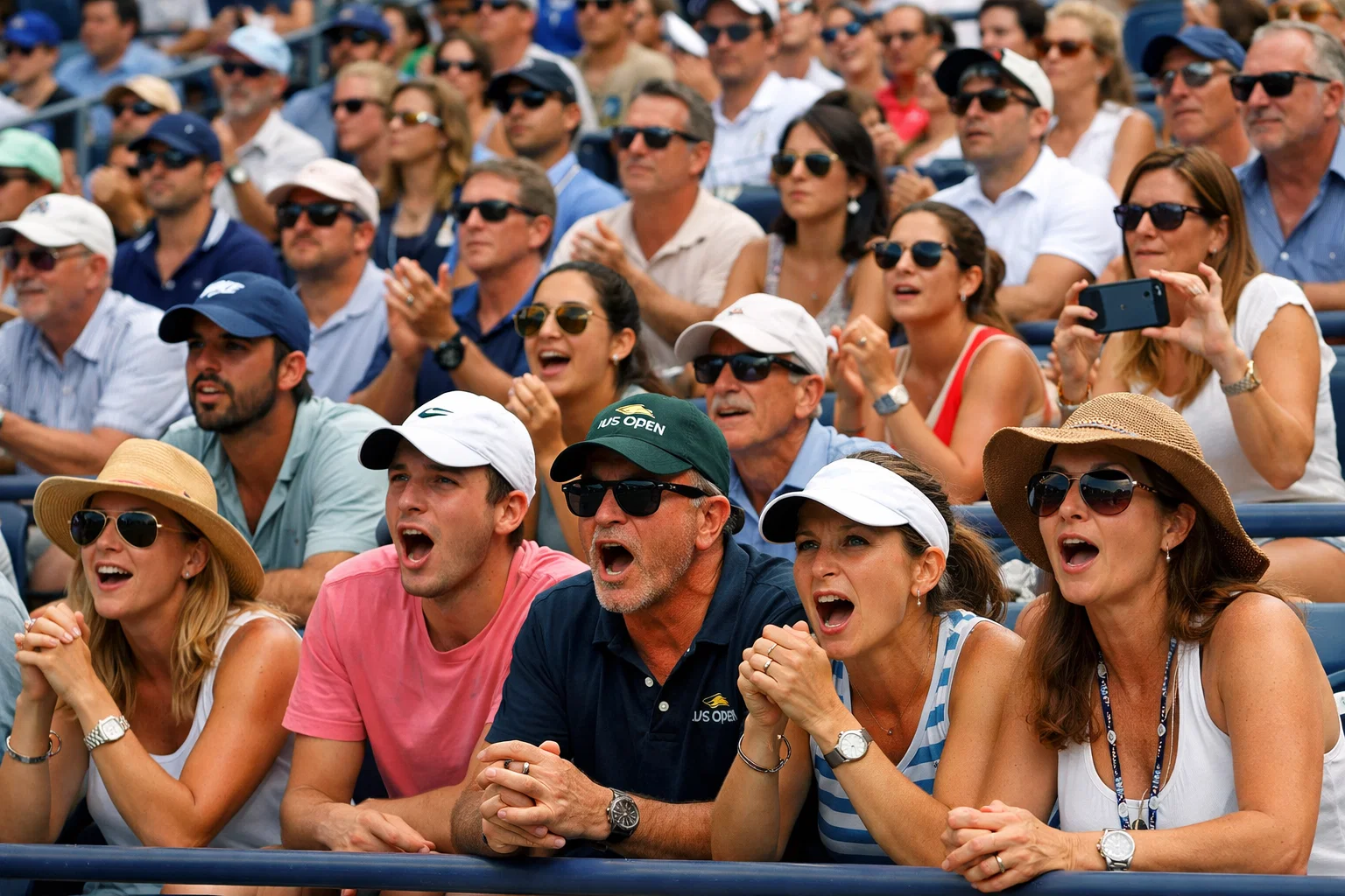 Spectateurs enthousiastes suivant un match de tennis lors d'un tournoi majeur