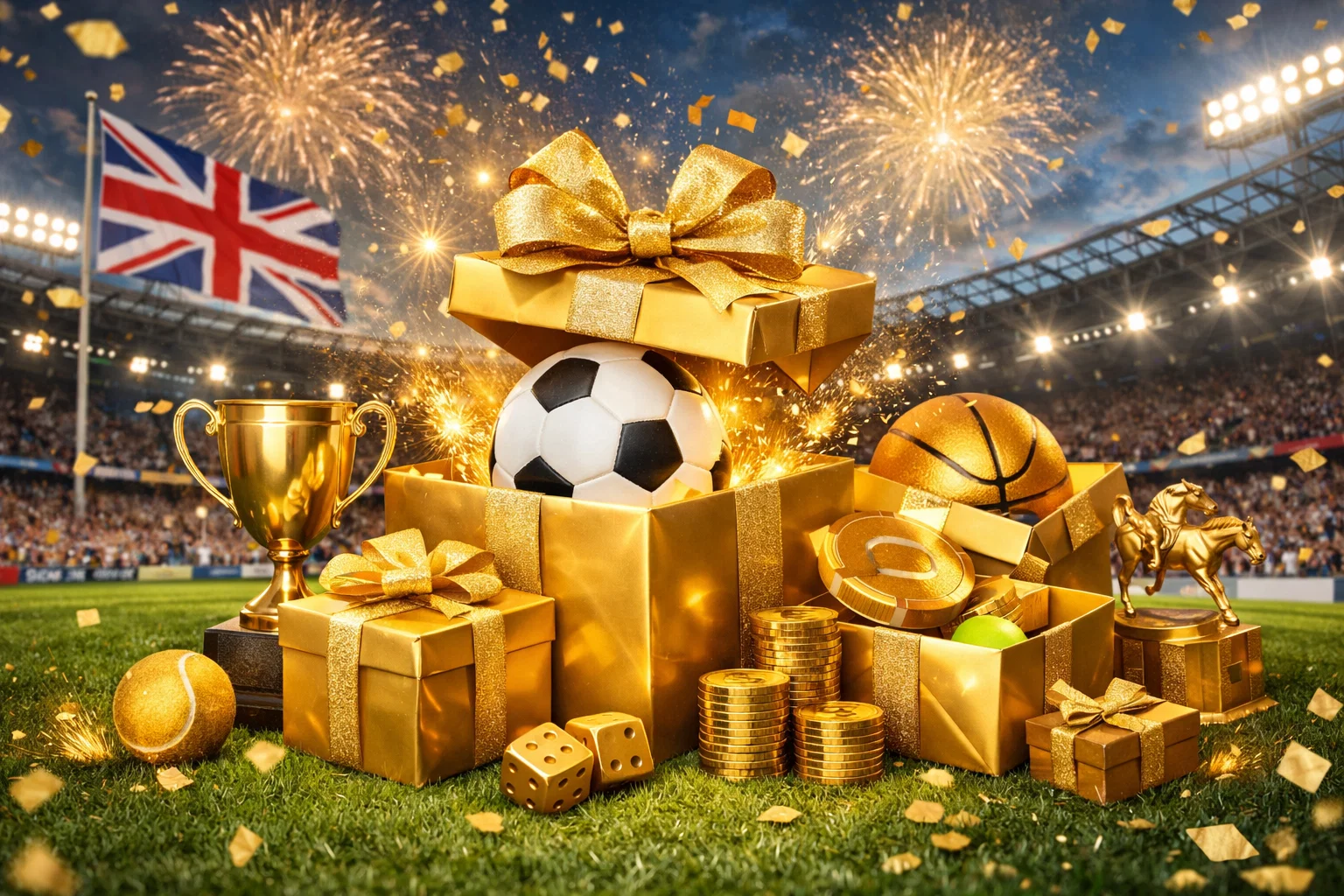 Symboles de bonus et récompenses sur fond de stade sportif britannique