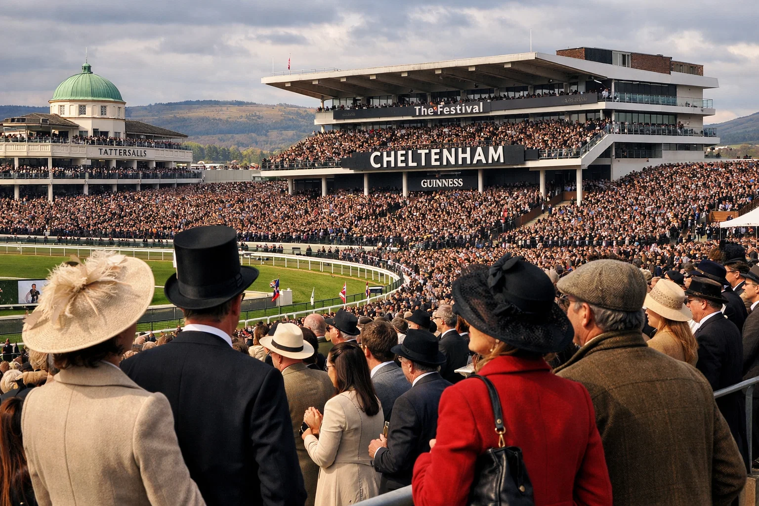 Foule élégante assistant au Festival de Cheltenham avec tribunes remplies