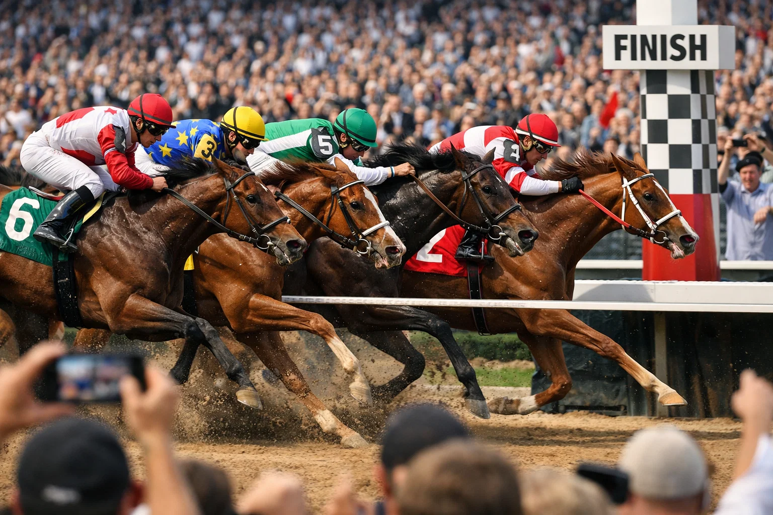 Arrivée serrée de chevaux de course franchissant la ligne sous les acclamations