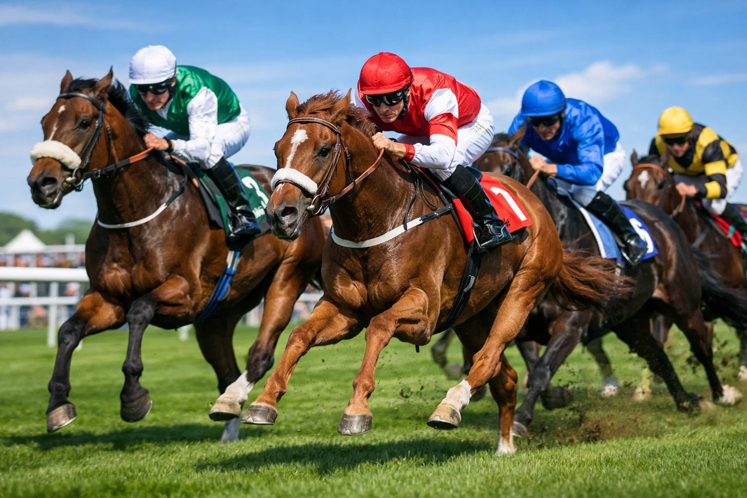Chevaux de course au galop sur un hippodrome britannique verdoyant