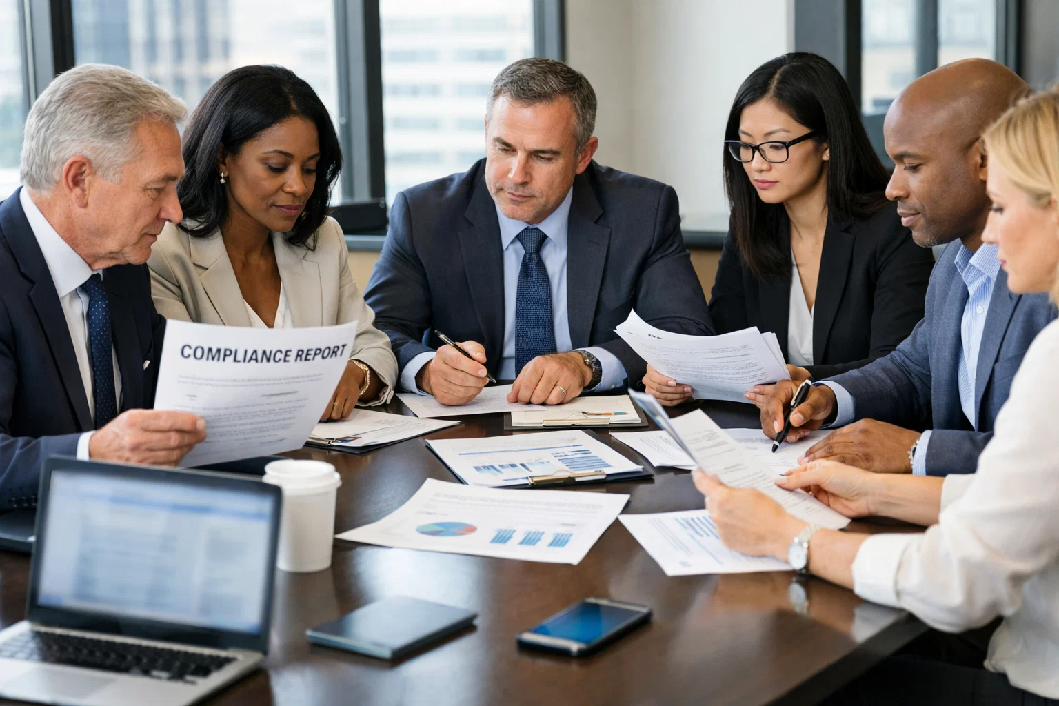 Professionnels en réunion examinant des documents de conformité réglementaire