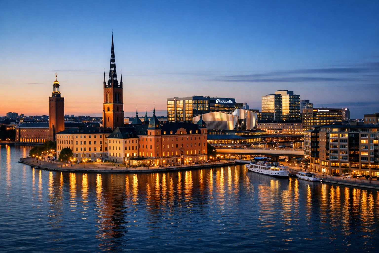 Skyline de Stockholm au crépuscule symbolisant les origines suédoises d'Unibet