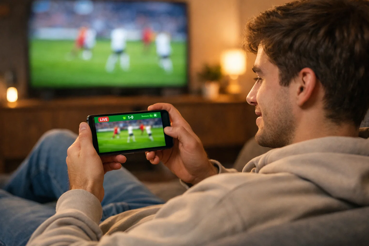 Supporter regardant un match en streaming sur smartphone avec l'application Unibet