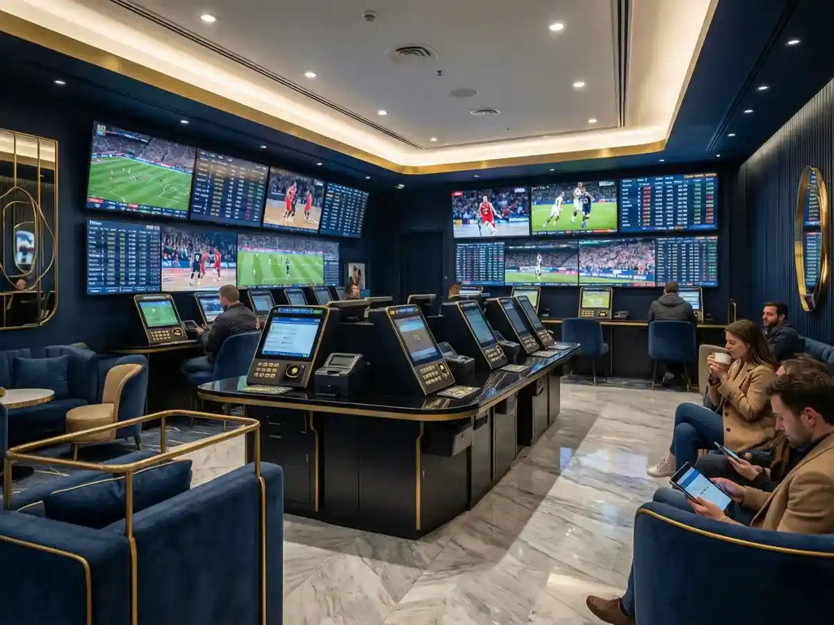 Modern betting shop interior with large screens displaying sports odds, betting terminals, and customers viewing live events