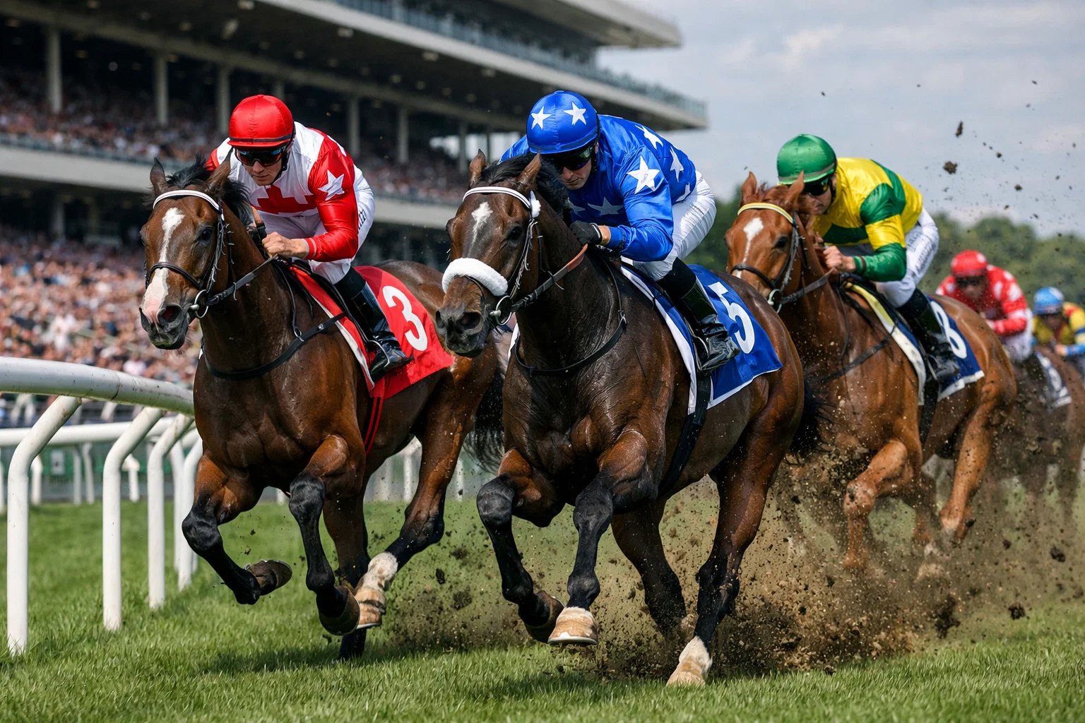 Chevaux de course au galop sur l'hippodrome d'Ascot avec jockeys en couleurs vives
